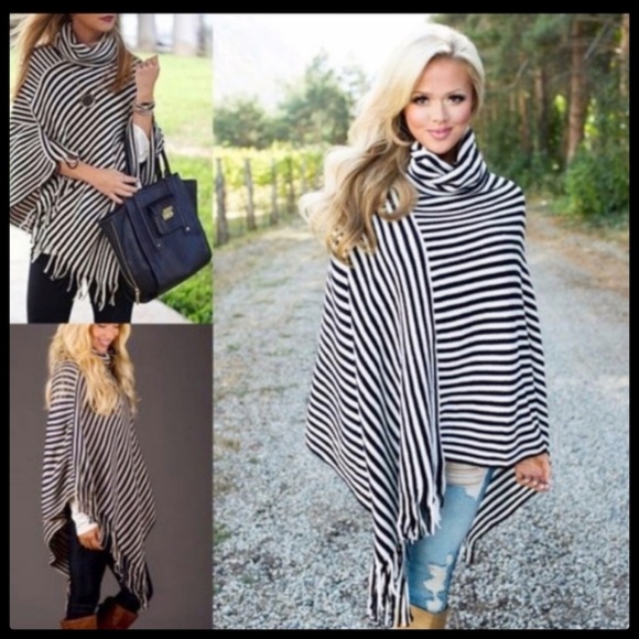 Boutique Jackets & Blazers - 🆕️ Poncho, Black/White Stripe Cowl Neck, NIP